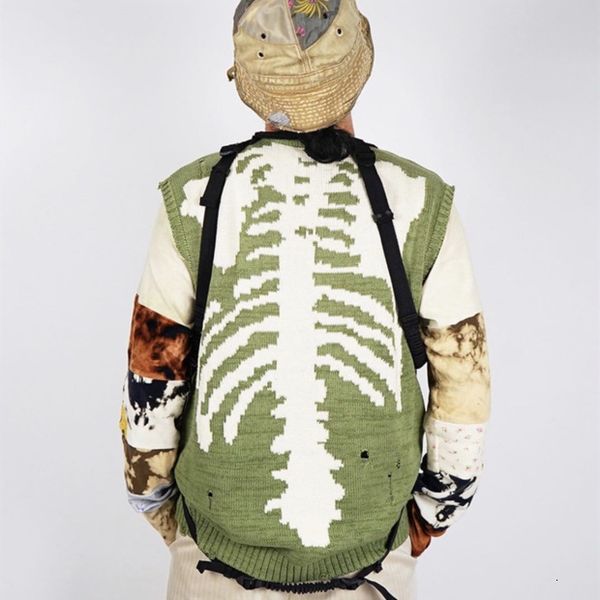 

2021 kapital skeleton ripped sweater oversized hip-hop high street men women couple 100% cotton pullovers vest, Black