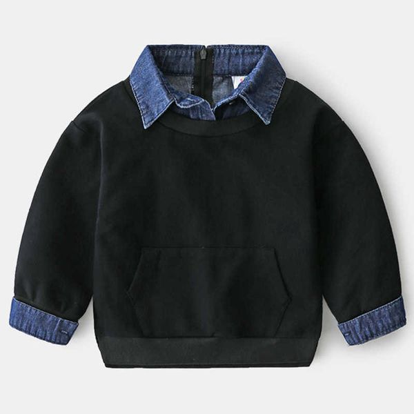 

spring autumn design 2 3 4 5 6 7 8 9 10 12 years children turn-down collar denim patchwork sweatshirt for kids baby boy 210701, Black