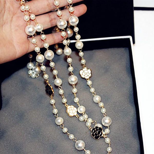 

chains long pearl necklace black flower white beads for women luxury sweater coat decoration clothes accessories gift, Silver