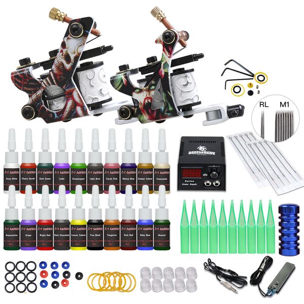 

beginner tattoo kit supplies equipment set coils machine guns 20 color ink needle power tip gripscouts