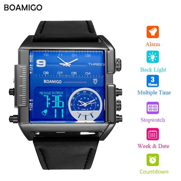

wristwatches boamigo multifunction men sport watch leather strap 3 time zone alarm satch calendar clock led digital wristwatch waterproo, Slivery;brown
