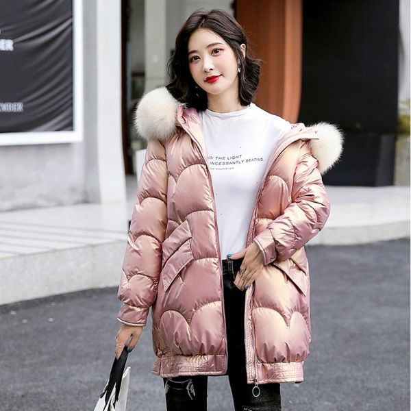 

women's down & parkas 2021 glossy with hooded faux fur collar jacket long silver thick warm loose woman winter plus size casual parka c, Black