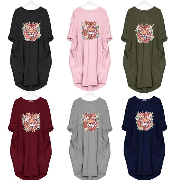 

vintage fashion women dress letter&tiger print for short sleeve casual loose o-neck female dresses, Black;gray