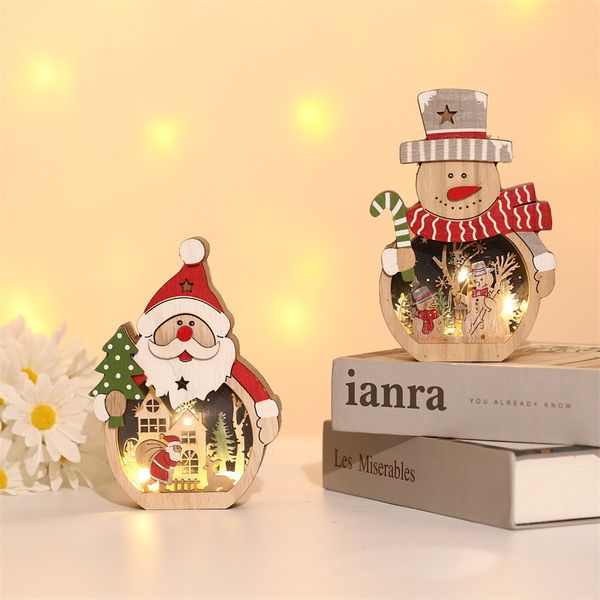 Decorazioni natalizie Pupazzo di neve con luce a LED Babbo Natale Ornamenti in legno Decorazione per finestre dell'hotel Regali di Natale