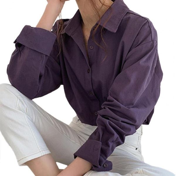 

women's t-shirt women solid color loose thin all-matched outer wear long sleeve buttons shirt cotton turn down collar, White