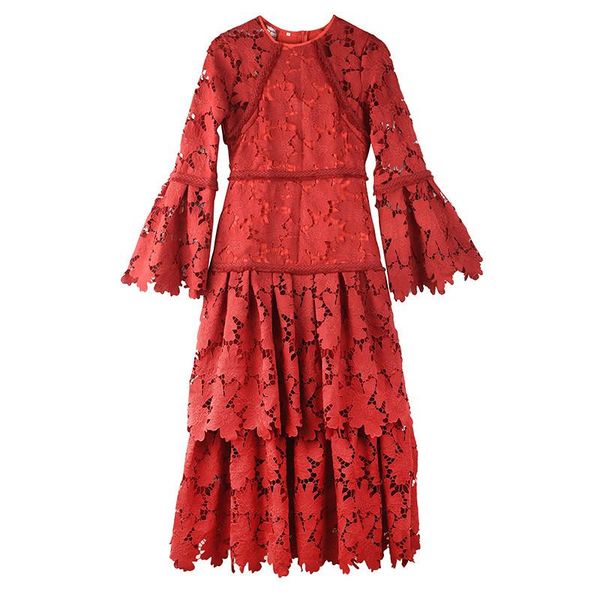 

casual dresses customs flare sleeves round neck summer and autumn full lace embroidery waist long dress c459, Black;gray