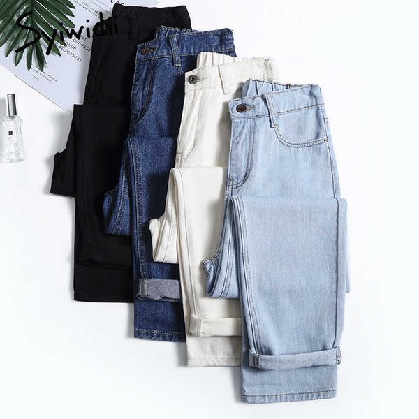 

4 color mom jeans woman elastic waist high wais plus size denim pants boyfriend jeans for women washed cotton fashion 210616, Blue