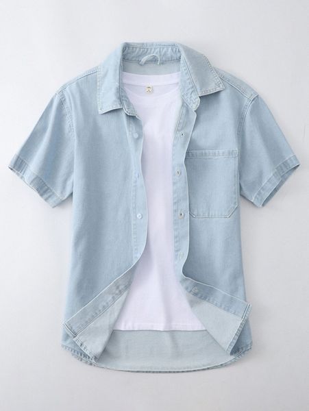 

men 1pc solid pocket front denim shirt o05n#, Blue