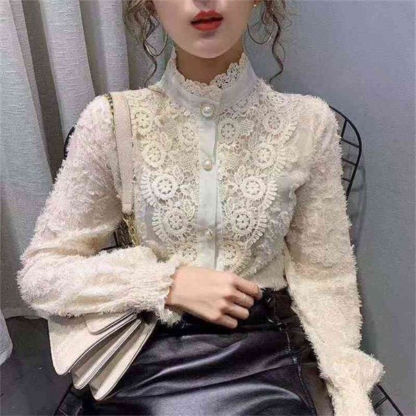 

elegant for women spring autumn lace stand-up collar hollow out blouses female long sleeve loose button bottomed shirt 210401, White