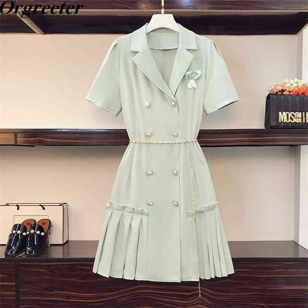 

elegant suit pleated dress summer pearl button double-breasted short sleeve plus size green with brooch 210602, Black;gray