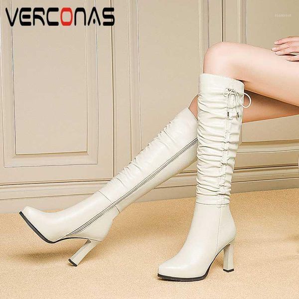 

boots verconas fashion women knee-high autumn winter long shoes woman pleated platforms genuine leather high heels zip1, Black