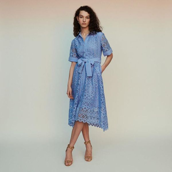 

elegant summer woman dress lace-up waist british embroidery lace hollow out blue female ethnic clothing, Red