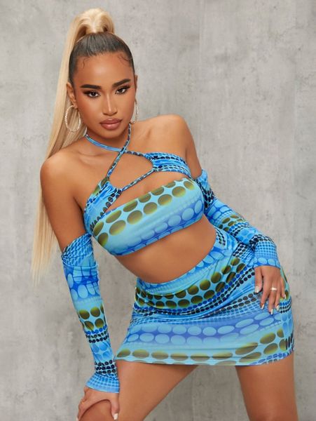 

sxy polka dot print off shoulder halter & bodycon skirt set 30qi#, White