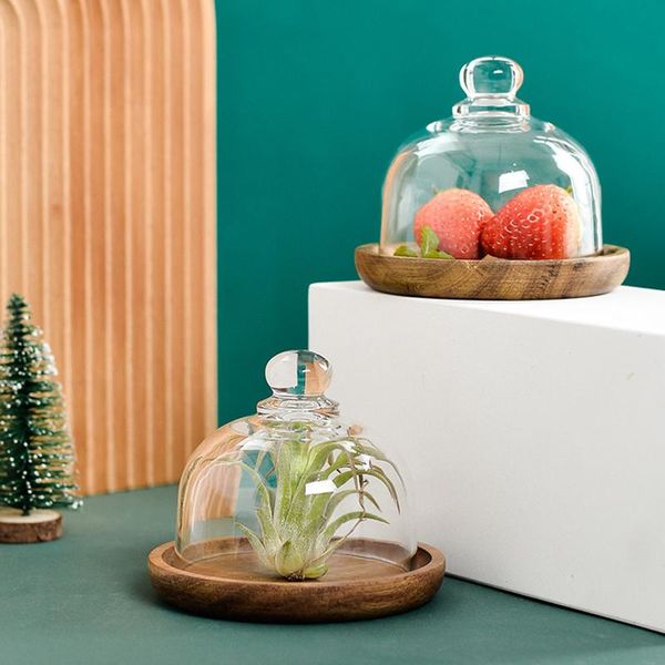 

dishes & plates wooden cake stand with glass doom cover multi-functional serving platter plate salad bowl bom666