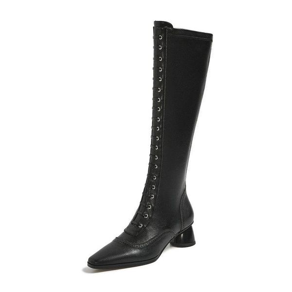

boots 4.5cm med heels women knee high genuine leather female riding winter warm long party shoes woman, Black