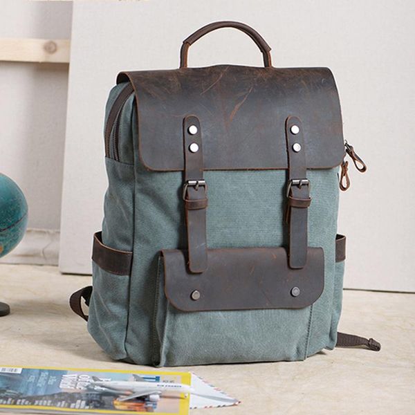 

backpack vintage canvas men large capacity lapleather school travel bag
