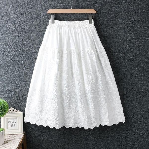 

skirts sweet spring and summer forest women retro literary cotton lace embroidery swing elastic waist skirt, Black
