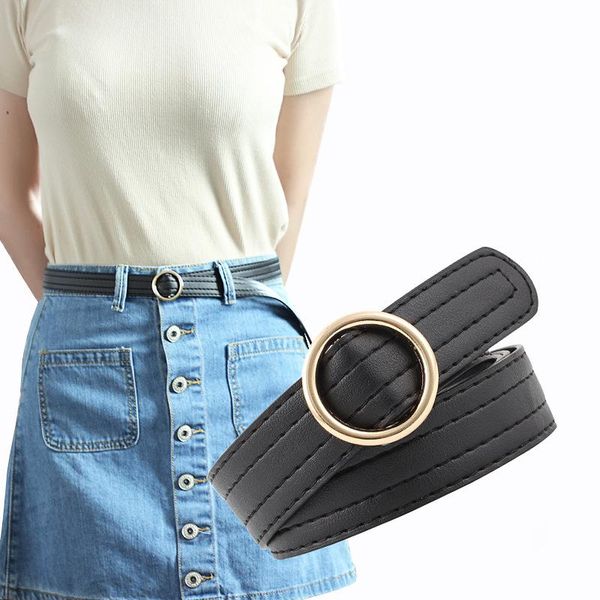 

belts fashion women pu leather thin belt round buckle waist strap ladies trouser dress jeans wild simple decoration waistband, Black;brown