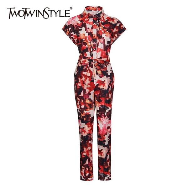 

print loose jumpsuit for women lapel short sleeve high waist hit color casual jumpsuits female fashion clothes 210521, Black;white