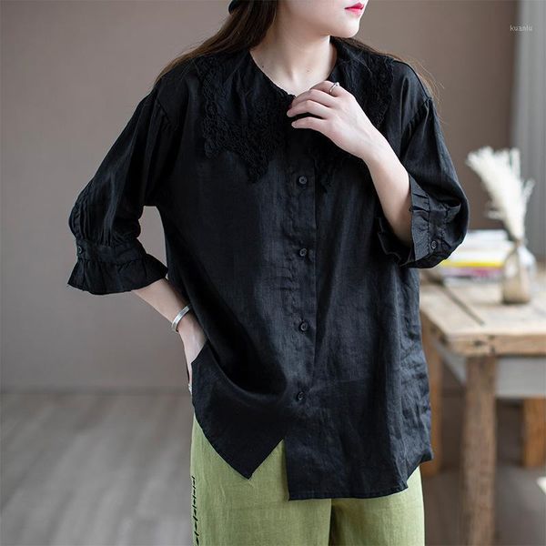 

women's blouses & shirts summer shirt women fashion vintage casual 2021 ladies cardigan lace pleated loose all-match, White