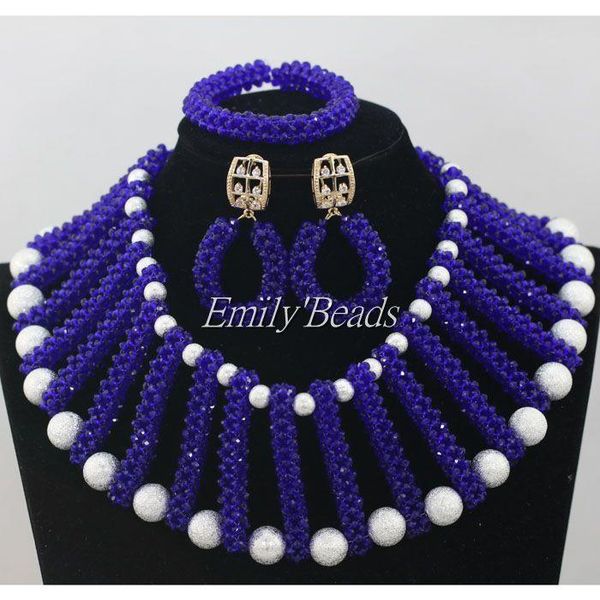 

earrings & necklace royal blue african party beads jewelry set crystal beaded nigerian wedding handmade woman gift aij499, Silver