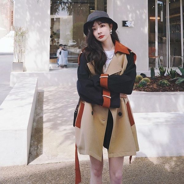 

women's trench coats 21 autumn long matching small bra back buckle coat, Tan;black