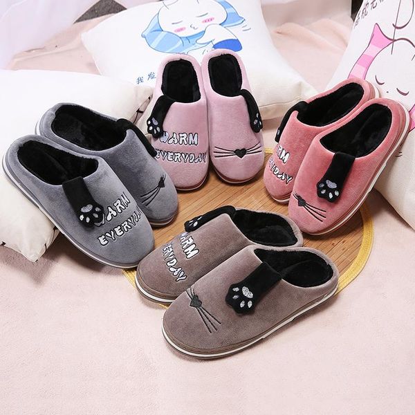 

winter warm home women slippers cute animals indoor cotton ladies soft memory foam couples shoes, Black