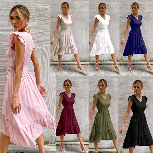 

casual dresses dress women summer tall waist show thin falbala v neck pure color hollow lace splicing vestidos zys3004, Black;gray