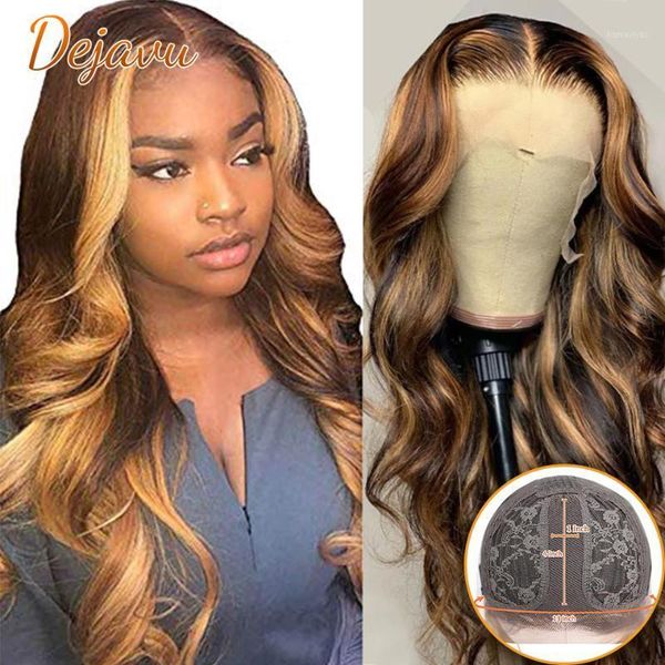 

dejavu 4/27 highlight wig brazilian body wave remy part lace human hair honey blonde ombre wigs for black women1, Black;brown
