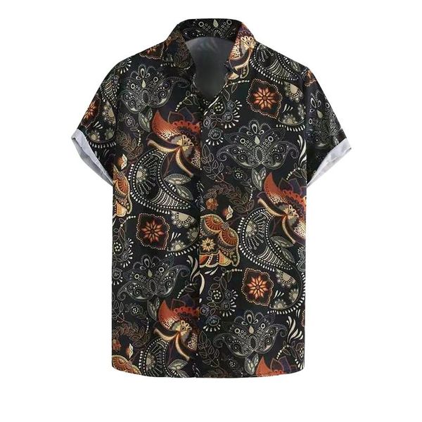 

men's casual shirts summer men fashion linen cotton hawaiian beach floral printed lapel breathable short sleeve holiday baggy shirt cam, White;black
