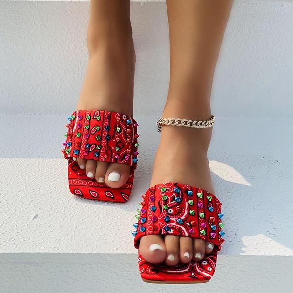 

sandals litthing 2021 summer women's totem print fashion pointed rivet flat beach versatile home durable leisure slippers 37-42, Black
