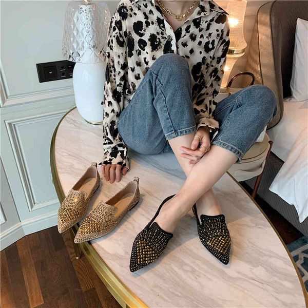 

dress shoes 2021 autumn spring women flats pointed toe crystal slip on fashion slides sandals gladiator single black beige 900f