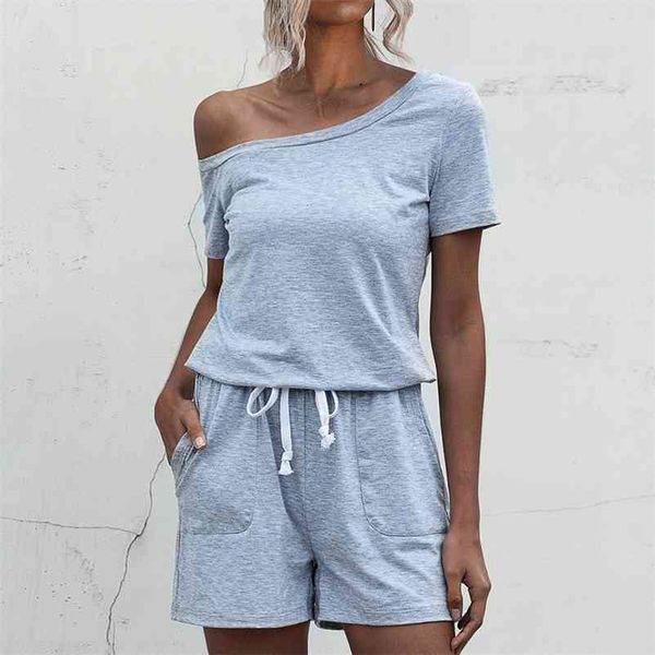 

summer short bodysuit women streetwear casual off-shoulder short-sleeved pocket lace-up black women strapless jumpsuit 210517, Black;white