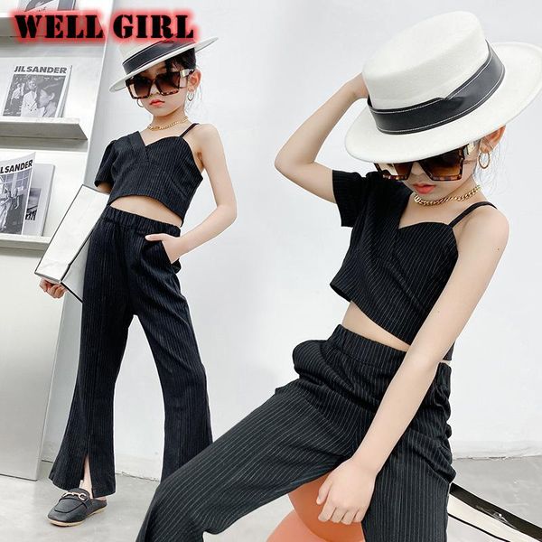 

clothing sets fashion streetwear baby girls summer strap + split high waist wide leg pants two piece suit kids clothes zip up 3 to 14 yr, White
