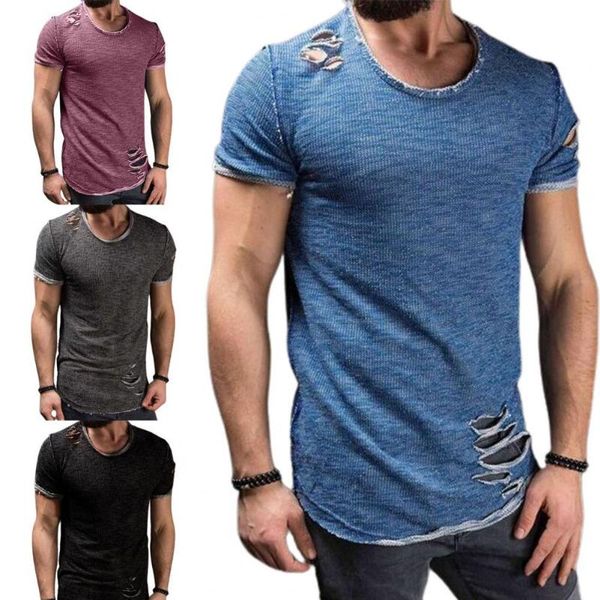 

summer t-shirt solid color short sleeve cotton blend hole design pullover for men o-neck fashion men's t-shirts, White;black