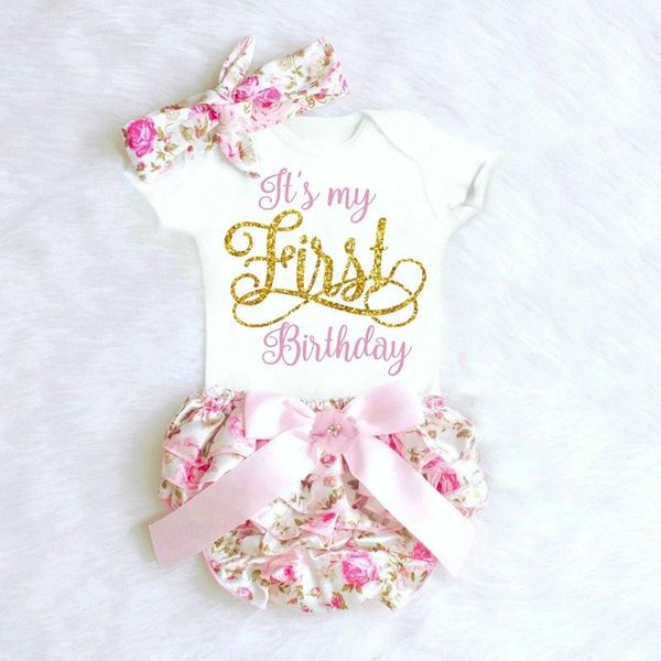 

clothing sets it's my first birthday baby girl clothes born christening infant year party kids 3pcs outfits, White