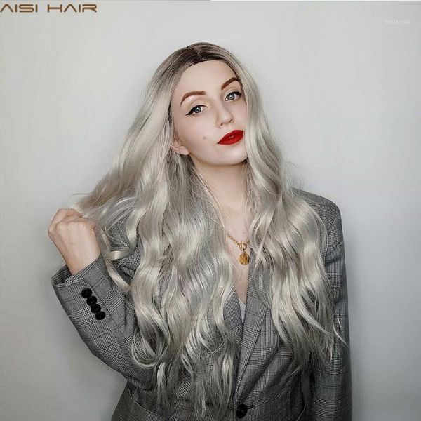 

hair long wavy wigs ombre platinum blonde wig synthetic for african american women part side heat resistant hair1, Black