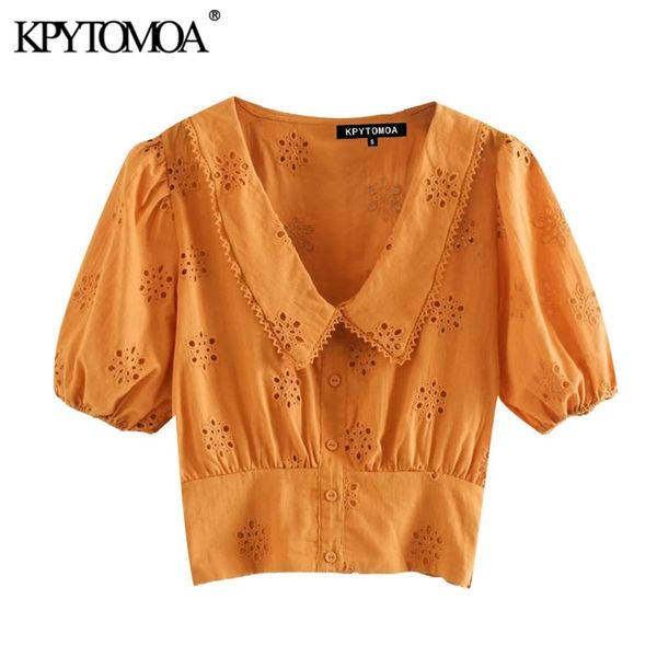 

women fashion hollow out embroidery cropped blouses lapel collar short sleeve female shirts chic 210420, White
