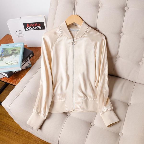 

women's jackets women silk jacket 16mm 100% real satin casual zipper for 2021 spring outwear champagne, Black;brown