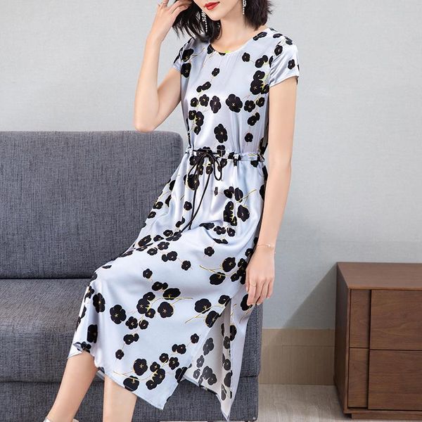 

summer vintage blue casual print mulberry silk dress 2021 women loose 2xl plus size elegant midi sundress bodycon party vestidos dresses, Black;gray