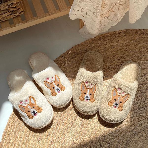 

slippers winter korean home indoor flat-heeled high-quality cotton ins cute puppy flannel comfortable soft, Black
