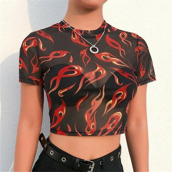 

women's t-shirt summer women short sleeve 2021 transparent crew neck sheer mesh see through angel flame print crop top, White