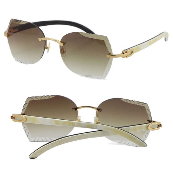 

rimless diamond cut lens original white inside black buffalo horn sunglasses luxury woman adumbral cat eye sun glasses male and female uv400, White;black