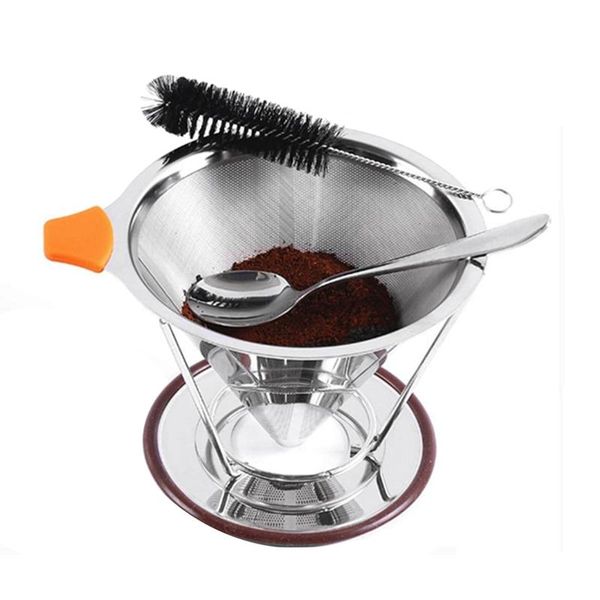 

coffee filters pour over dripper,reusable stainless steel cone filter with non-slip cup stand,cleaning brush and spoon