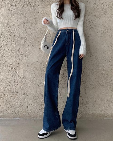 

women's jeans 2021 stylish wide leg for women high waist loose straight denim pants mom baggy, Blue
