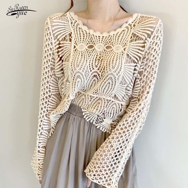 

women's blouses & shirts o-neck long sleeve sunscreen shirt woman korean office lace blouse sweet hook flower hollow chic elegant chemi, White