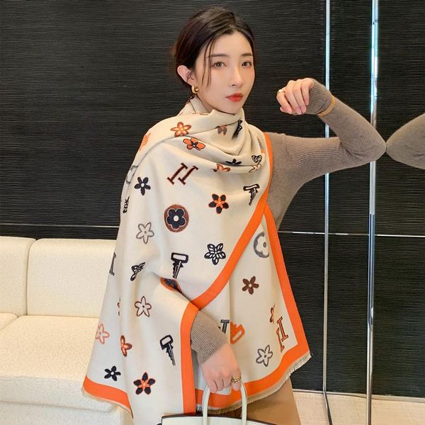 

scarves luxury winter warm tassel scarf for women oversized thick foulard female designer print shawl wrap soft blanket gift, Blue;gray