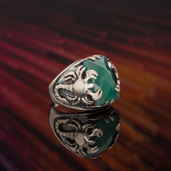 

sterling green agate stone scorpion model silver ring fashion turkish premium quality handmade jawelery cluster rings, Golden;silver