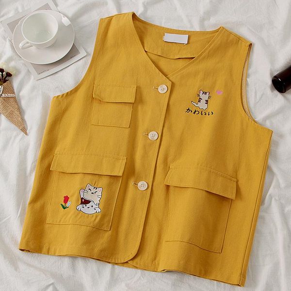 

women's vests lovely cat embroidery vest japanese harajuku women sleeveless for pocket spring woman, Black;white