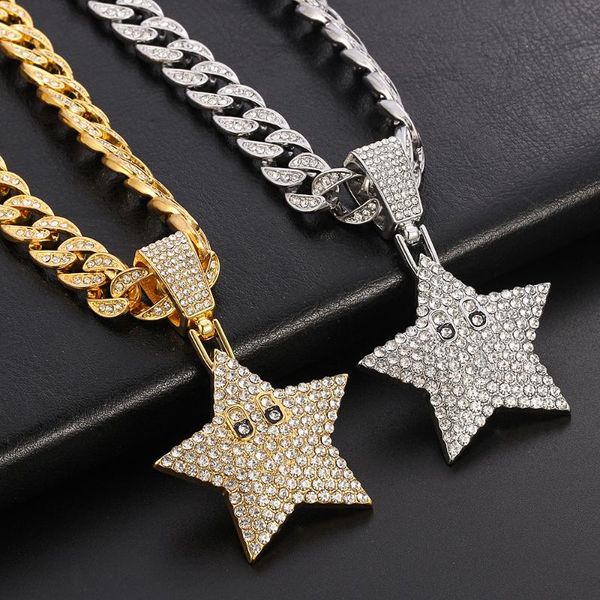 

pendant necklaces necklace for men women hip hop iced out bling five-pointed star miami gold cuban chain choker jewelry mens gift, Silver